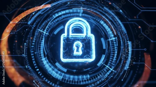 Glowing neon padlock superimposed on a futuristic digital circuit