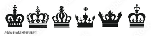 collection of seven black silhouette crowns in various 