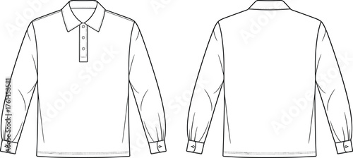 Cad drawing flat vector illustration, technical fashion sketch, long sleeve polo shirt, button placket, cuff detail, garment construction reference