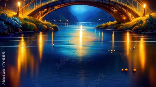 Serene Night Landscape with Illuminated Bridge and Reflective Water