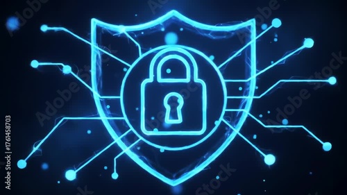 Neon blue digital shield with padlock and circuit lines