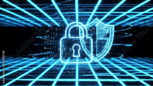 Neon padlock and shield with digital data streams