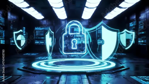 Neon padlock and shields hover over a digital platform