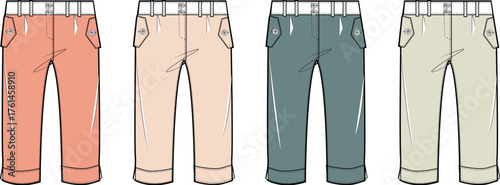 Fashion illustration of four women's casual pants in a modern color palette, including peach, beige, teal, and green, perfect for apparel design concepts and seasonal style guides