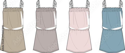 Collection of women's summer romper playsuit fashion flat technical sketches with shoulder ties and elastic waist in four colorways