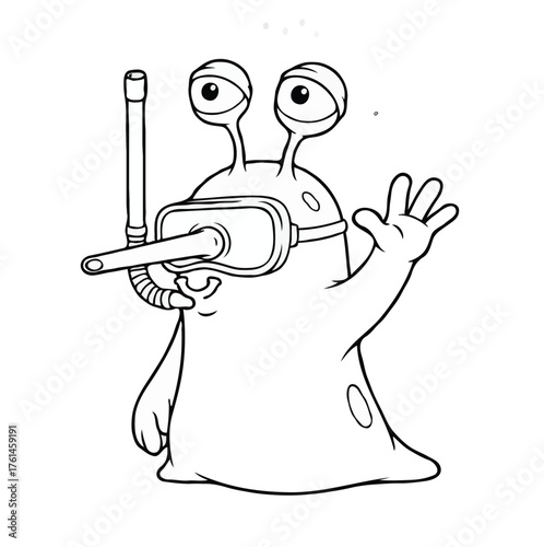 Cute Alien Snorkeling Character Coloring Page