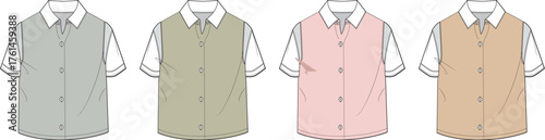 Concept of a versatile men's casual short sleeve shirt design template shown in a palette of four different neutral and pastel color options for fashion illustration development purposes