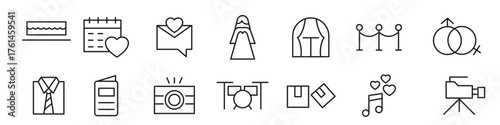 EVENT Planning line icon set. Containing date, schedule, management, catering, registration, wedding, coordination, invitation, birthday cake, buffet line icon set. UI thin line icon pack.
