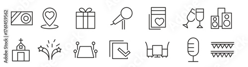EVENT Planning line icon set. Containing date, schedule, management, catering, registration, wedding, coordination, invitation, birthday cake, buffet line icon set. UI thin line icon pack.