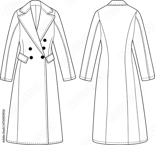 Cad drawing flat vector illustration, technical fashion sketch, double-breasted long coat, notched lapel, tailored fit, garment construction reference