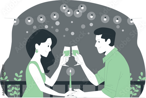 Couple enjoying a romantic dinner with wine glasses and candlelight on a balcony date evening
