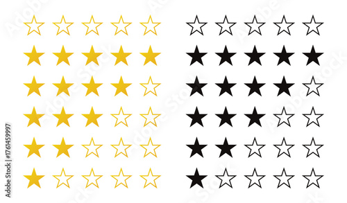 Star rate icons vector set. Star rate flat yellow and black style.