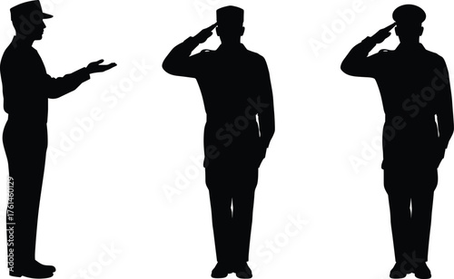 Silhouette of military soldiers saluting in uniform, army discipline respect concept, soldier salute illustration, patriotic vector artwork, defense service design