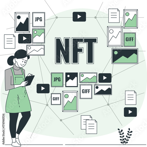 Woman creating NF Ts with digital art files and video clips on a network grid non-fungible token cryptocurrency