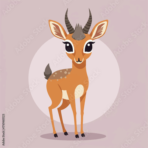 A cartoon gazelle stands in front of a pale pink circle on a light purple background