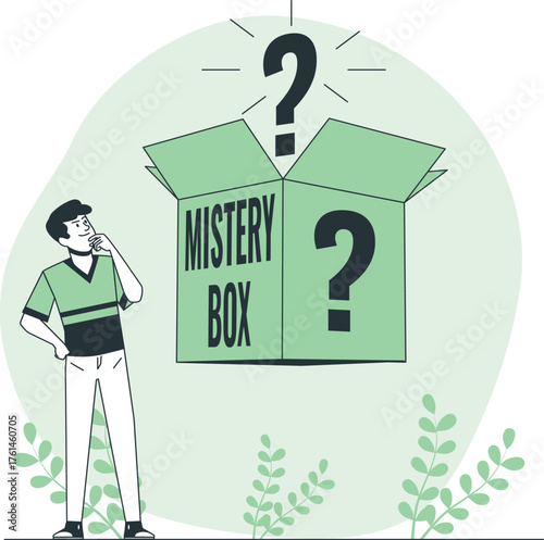 Man contemplating a mystery box with question marks and plants thinking man curiosity
