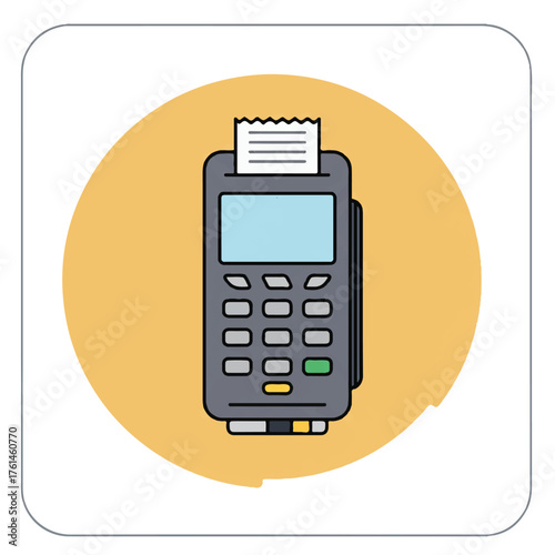 A cartoon illustration of a payment terminal with a receipt