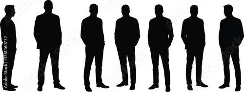 Silhouette of multiple men standing in different poses, business teamwork concept, professional people group, leadership illustration, modern design background
