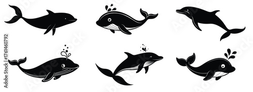 Black silhouettes of whales isolated on a white background. Concept of marine animals illustration, ocean wildlife, minimalist style, aquatic creatures. Print, icon, design elements