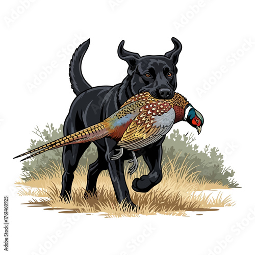 Black Labrador Retriever running with a retrieved pheasant in its mouth across a field