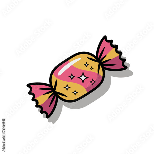 Colorful candy illustration with pink and yellow wrapper on white background
