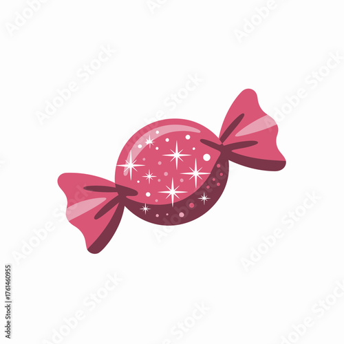 Sparkling Pink Candy Wrapped in Glossy Wrapper on White Background