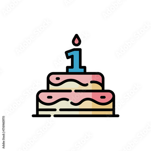 Colorful first birthday cake with candle in flat design style