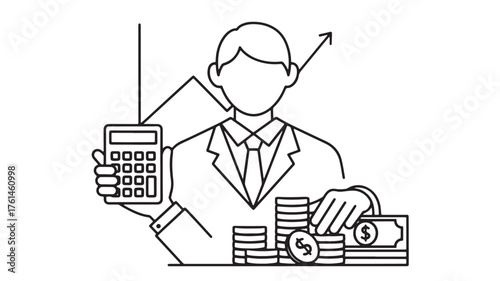 Business professional with calculator and coins, symbolizing financial growth and success.