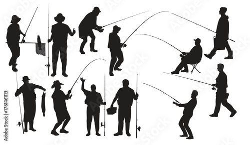 collection of fisherman silhouettes in different positions 