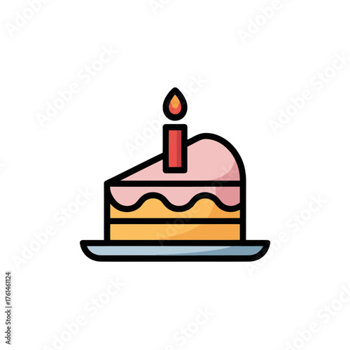 Colorful cartoon birthday cake slice with candle on white background