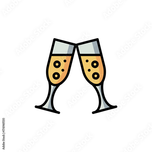 Minimalist illustration of two clinking champagne glasses on white background