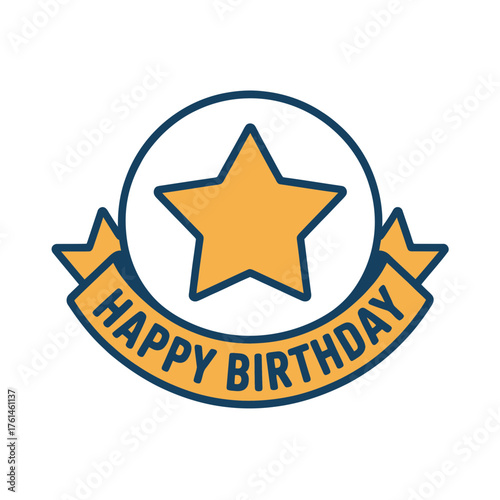 Happy Birthday Badge with Star and Ribbon Design
