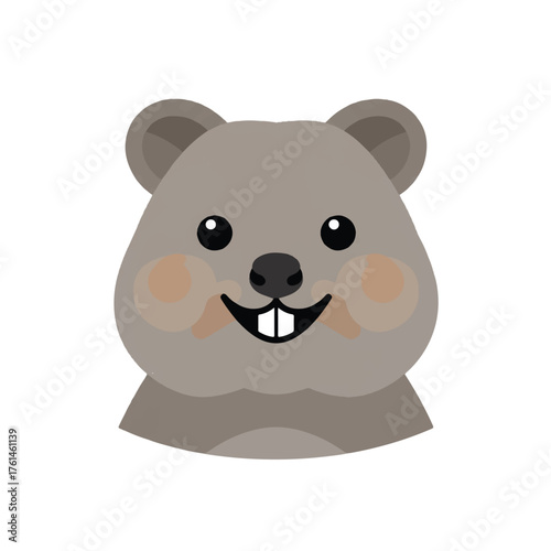 A cartoon quokkas head with big eyes and buck teeth