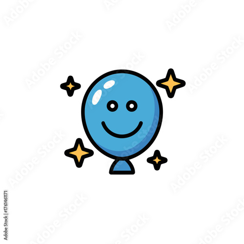 Cute blue balloon with smiling face and sparkles on white background