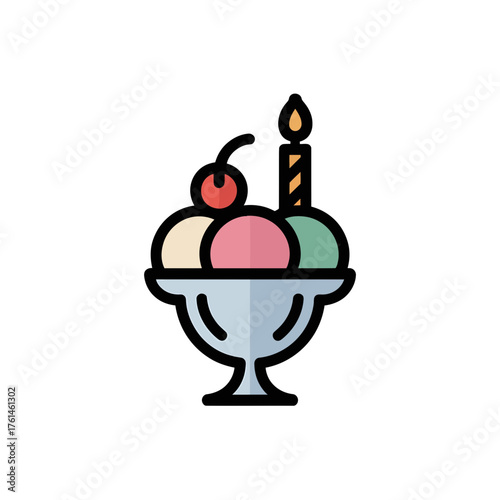 Colorful ice cream sundae with candle and cherry on top