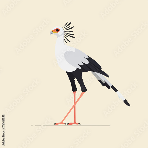 A cartoon secretary bird stands on long pink legs