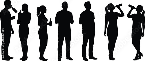 Silhouette of people drinking bottles, men and women standing together, beverage consumption concept, social gathering, lifestyle illustration vector art