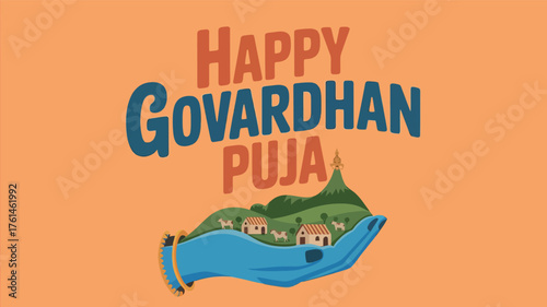 Happy Govardhan Puja with Mountain and Hand Design