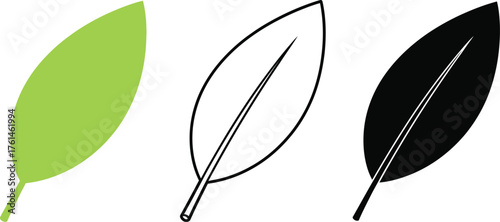 Three distinct leaf designs: vibrant green, outline, and solid black, representing nature's simplicity and diversity.