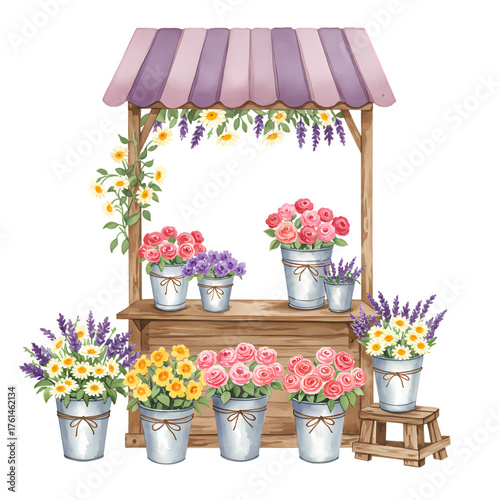 Charming flower stand overflowing with vibrant roses daisies and lavender creating a delightful spring market scene