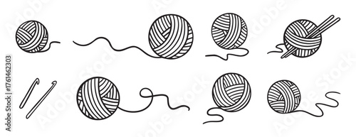 Ball of yarn or clews of thread for knitting doodle hand drawn icon set. Outline drawing ball of yarn line clipart symbol collection
