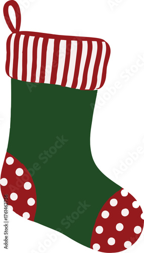 Festive Christmas stocking with red and white stripes and polka dot accents, ready for holiday gifts