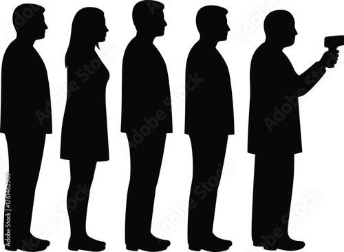 Silhouette of people standing in queue while health worker checks temperature using infrared thermometer, safety screening vector illustration design