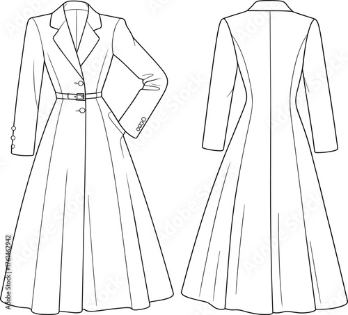 Cad drawing flat vector illustration, technical fashion sketch, long tailored coat, belted waist, flared hem, garment construction reference