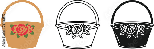 Charming baskets adorned with elegant rose designs, presented in color, outline, and silhouette