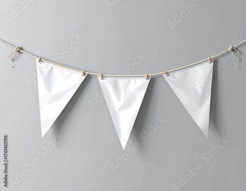 Three blank white triangular flags strung on a rope with knots and clothespins against a solid grey background
