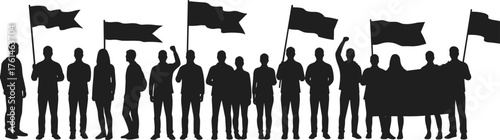 Silhouette of protest crowd holding flags and banners, people demonstrating unity, revolution, activism, freedom, equality, human rights, social movement concept illustration
