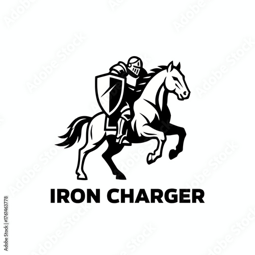 Monochrome Knight Horse Charger Mascot Vector