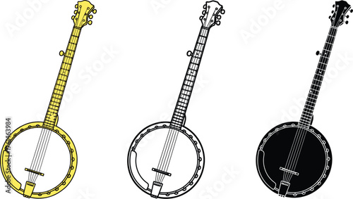 Three banjos in different colors, showcasing musical instrument variety