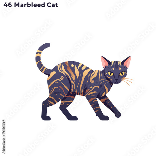 A stylized illustration of a marbled cat with dark blue and gold markings